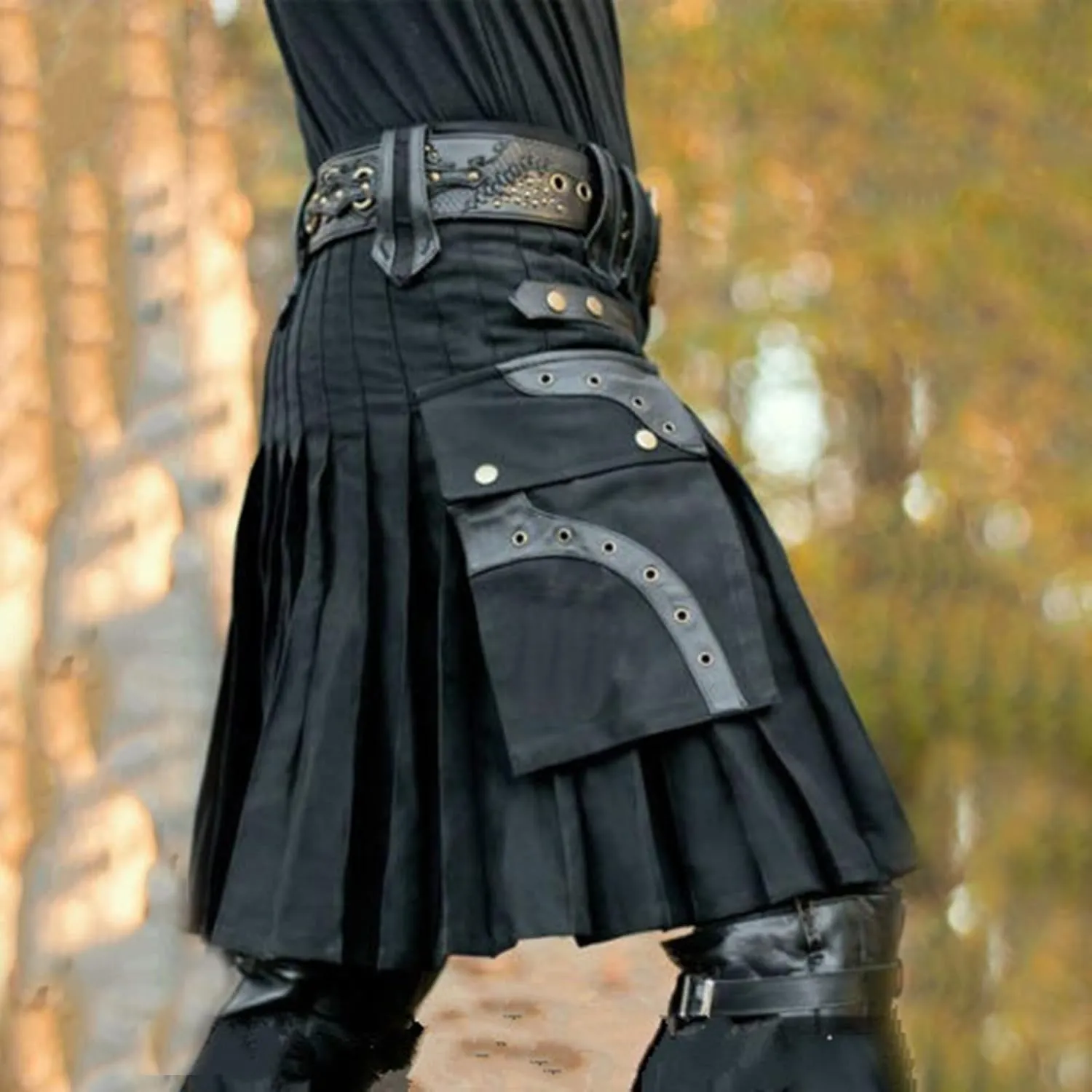 Mens Fashion Casual Retro Scottish Style Solid Pocket Pleated Skirt Short Dresses Leisure Scottish Kilt for Men