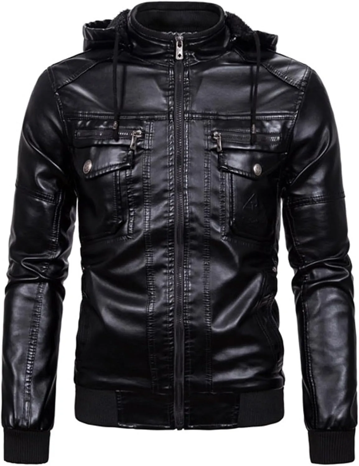 Men's Faux Leather Jacket Stand Collar Warm Motorcycle Hoodie Jackets Zip-Up Windproof Outwear Coats with Removable Fur Hood
