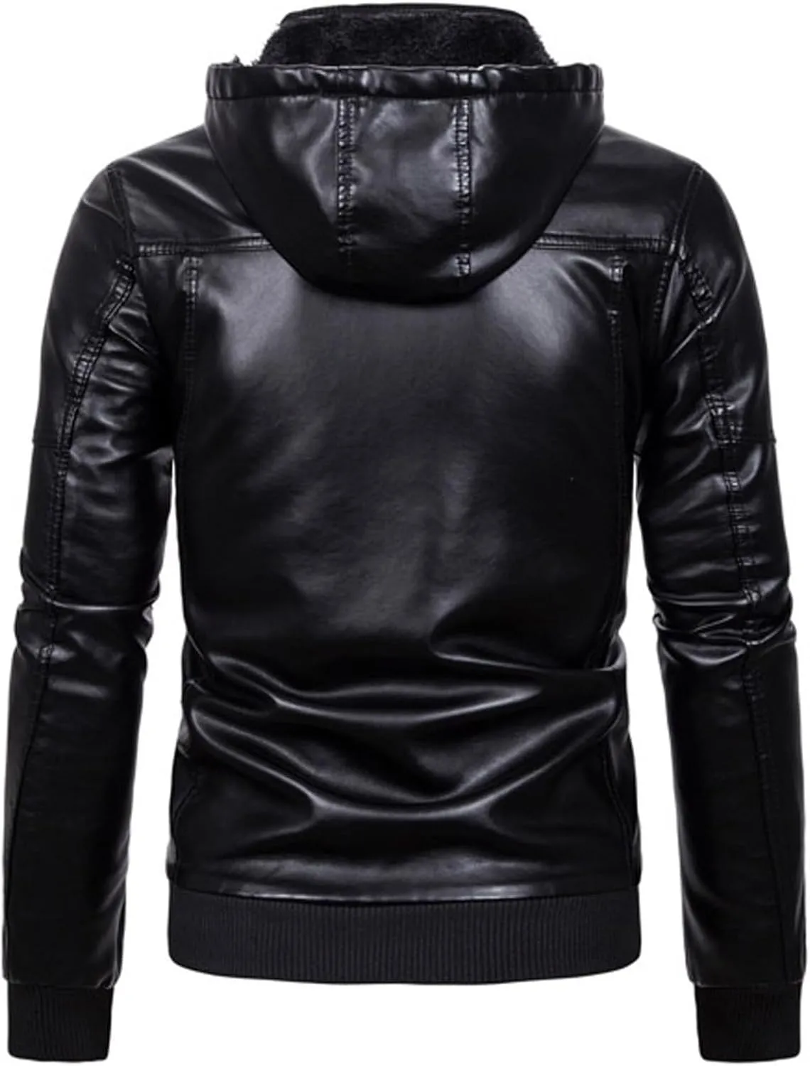 Men's Faux Leather Jacket Stand Collar Warm Motorcycle Hoodie Jackets Zip-Up Windproof Outwear Coats with Removable Fur Hood