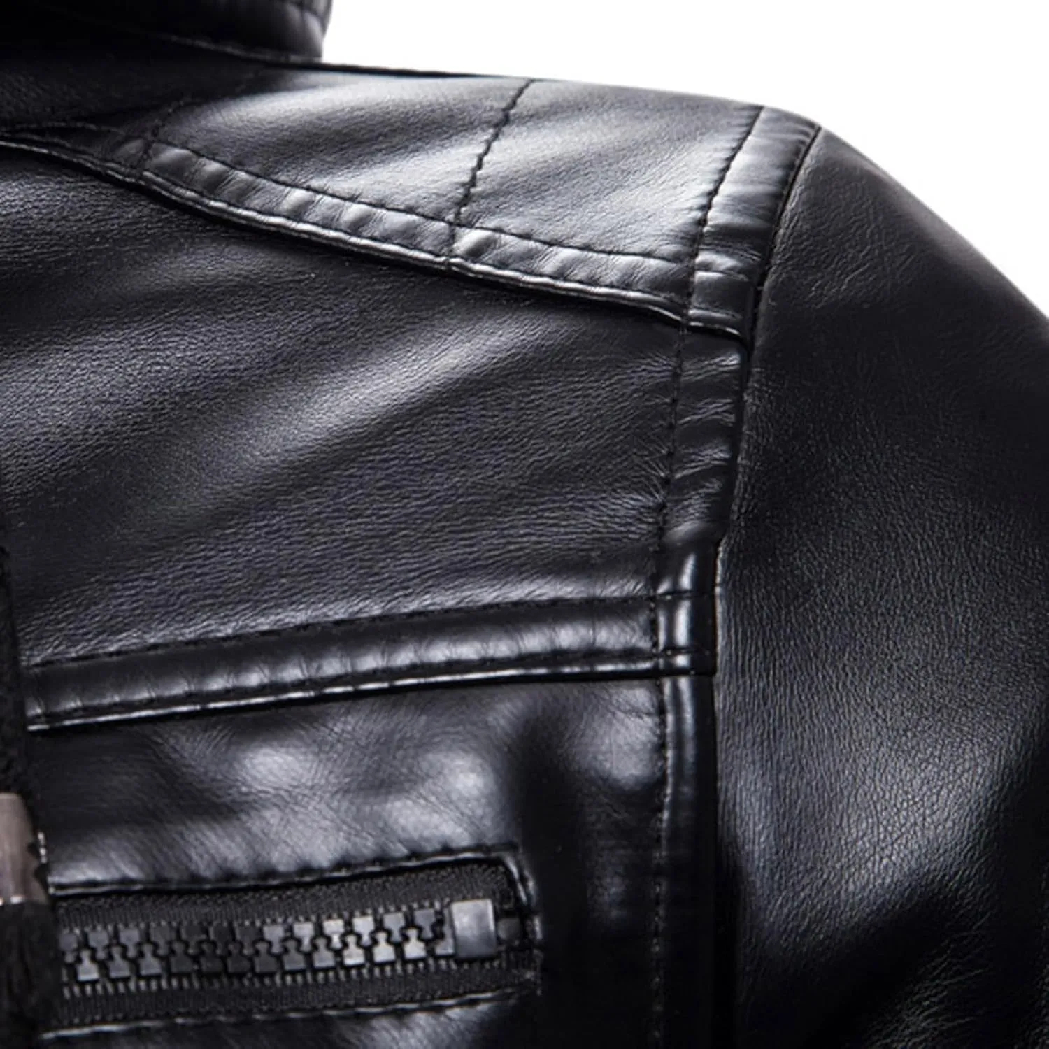 Men's Faux Leather Jacket Stand Collar Warm Motorcycle Hoodie Jackets Zip-Up Windproof Outwear Coats with Removable Fur Hood