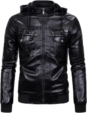 Men's Faux Leather Jacket Stand Collar Warm Motorcycle Hoodie Jackets Zip-Up Windproof Outwear Coats with Removable Fur Hood