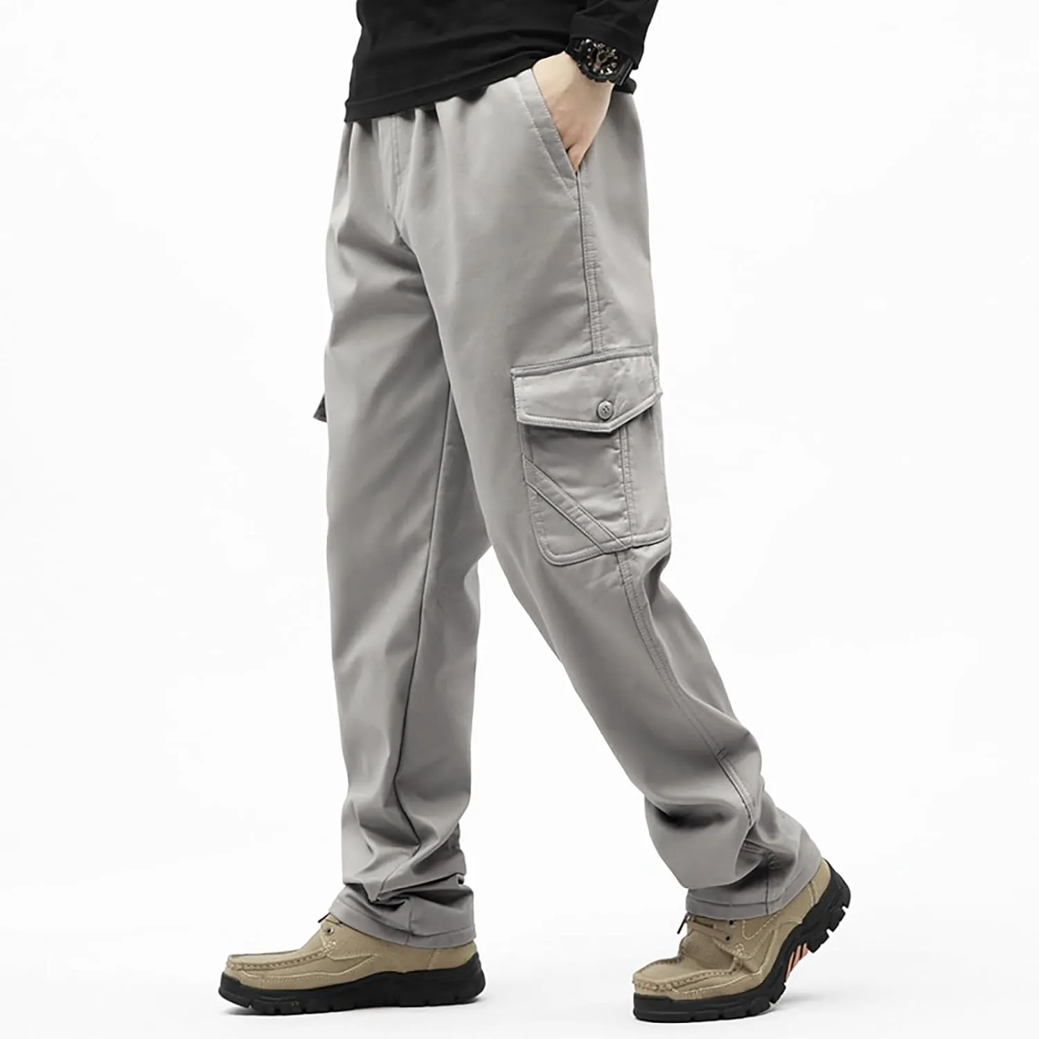 Mens Fleece Lined Cargo Pants Winter Warn Cargo-Pants Tactical Combat Hiking Workout Trousers Multi Pocket Sweatpants