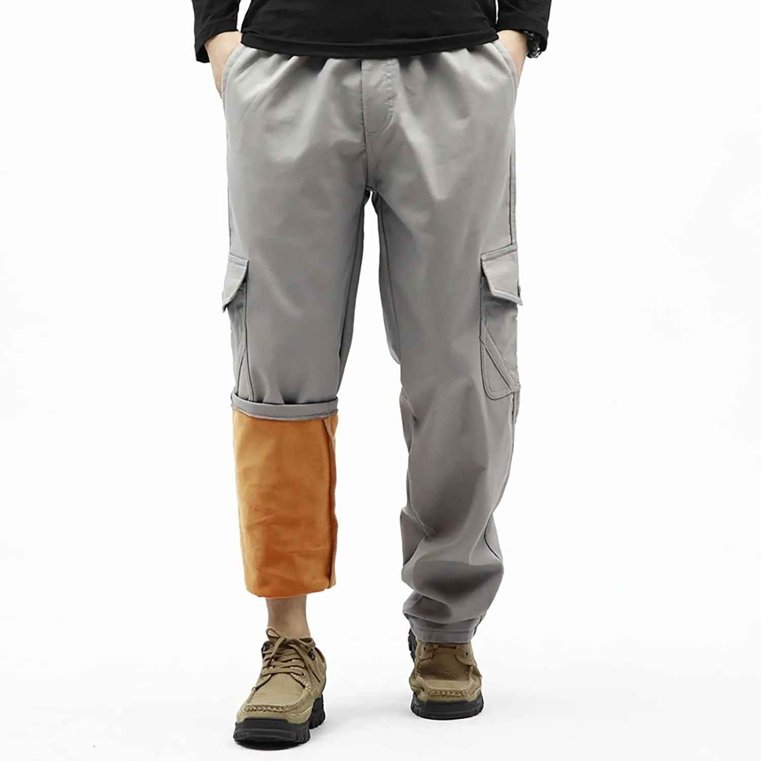 Mens Fleece Lined Cargo Pants Winter Warn Cargo-Pants Tactical Combat Hiking Workout Trousers Multi Pocket Sweatpants