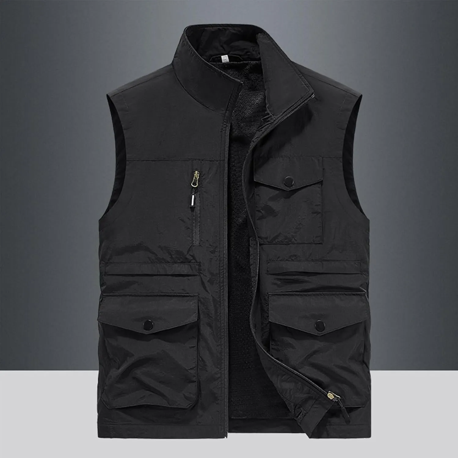 Mens Full-Zip Utility Work Vest Outdoor Sleeveless Softshell Jacket Multi-Pockets Cargo Vest for Fishing Photo Travel