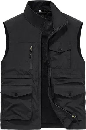 Mens Full-Zip Utility Work Vest Outdoor Sleeveless Softshell Jacket Multi-Pockets Cargo Vest for Fishing Photo Travel