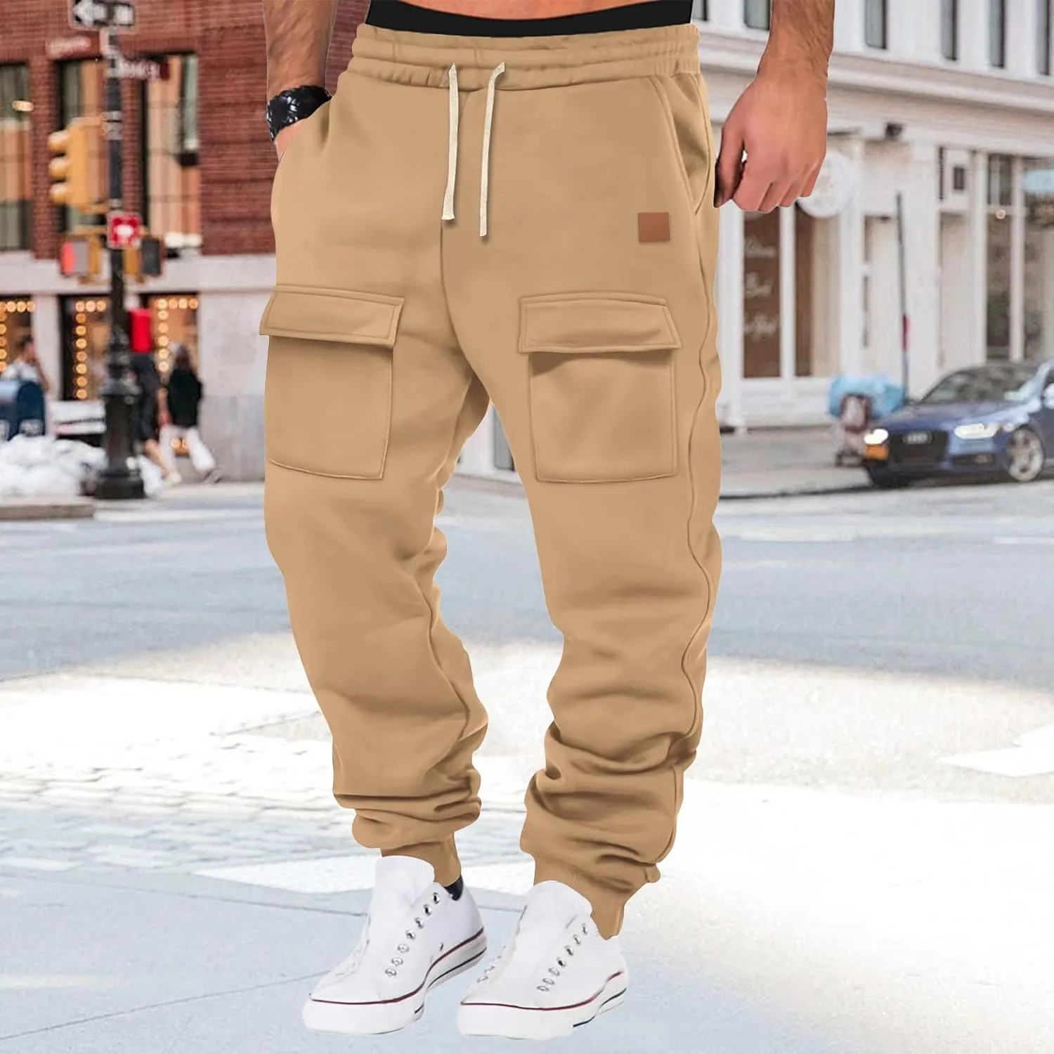 Mens Heavyweight Cargo Sweatpants Drawstring Baggy Casual Athletic Pants Elastic Waist Joggers Trousers with Pockets