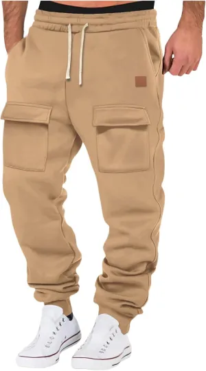 Mens Heavyweight Cargo Sweatpants Drawstring Baggy Casual Athletic Pants Elastic Waist Joggers Trousers with Pockets
