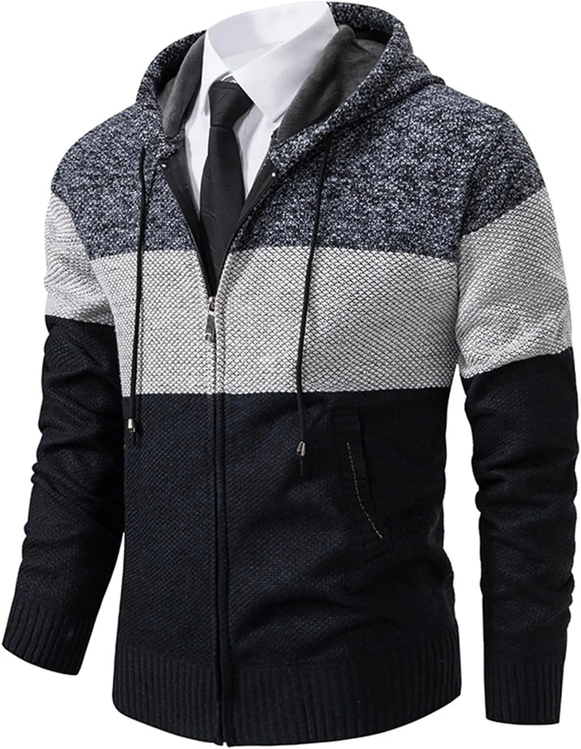 Mens Hooded Polar Fleece Sweater Jacket Western Zip Up Cardigan Blazers Vintage Slim Fit Cable Knitted Coats with Pockets