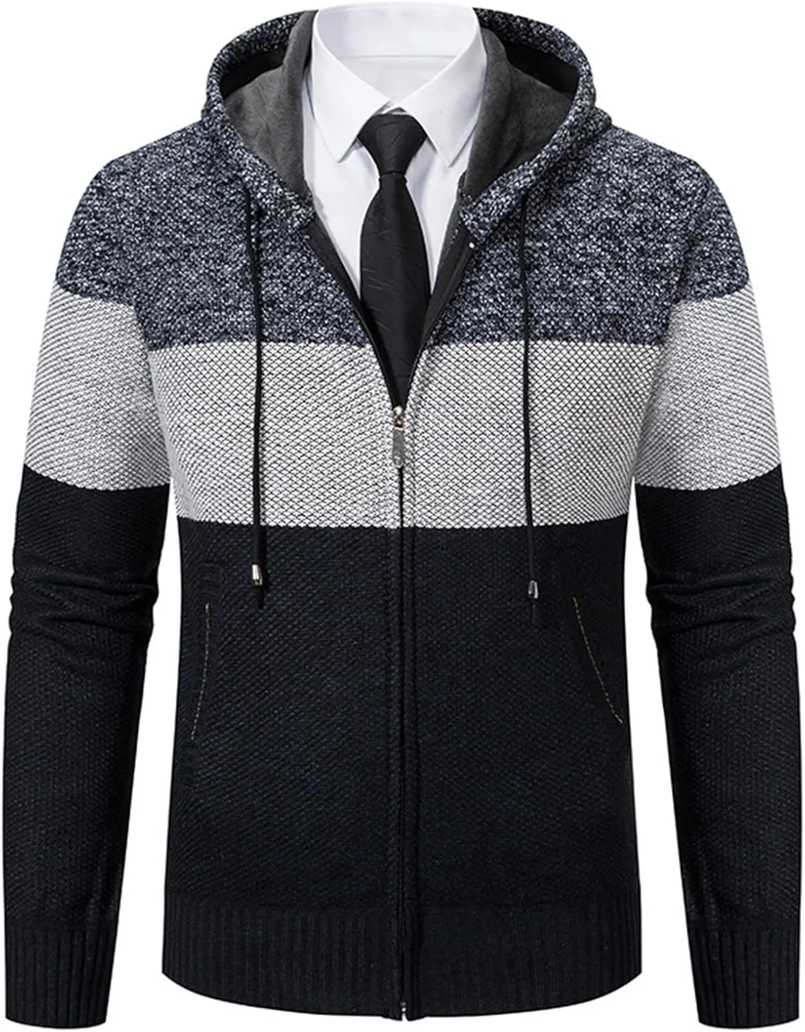 Mens Hooded Polar Fleece Sweater Jacket Western Zip Up Cardigan Blazers Vintage Slim Fit Cable Knitted Coats with Pockets