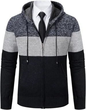 Mens Hooded Polar Fleece Sweater Jacket Western Zip Up Cardigan Blazers Vintage Slim Fit Cable Knitted Coats with Pockets