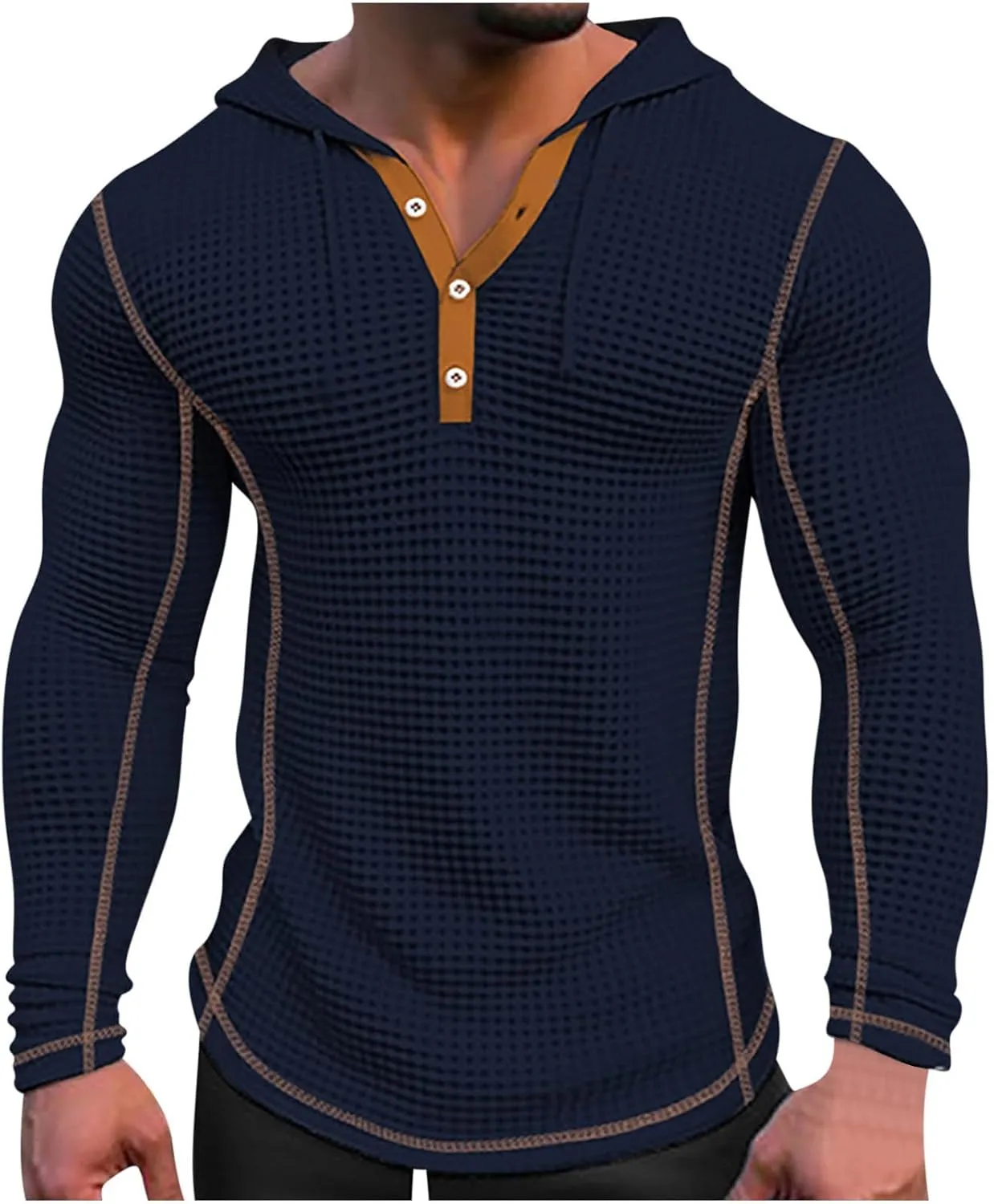 Mens Hoodies Pullover Casual Long Sleeve Drawstring Waffle Knit Hooded Sweatshirt Bodybuilding Muscle Shirt
