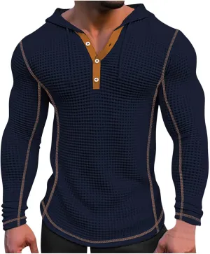 Mens Hoodies Pullover Casual Long Sleeve Drawstring Waffle Knit Hooded Sweatshirt Bodybuilding Muscle Shirt