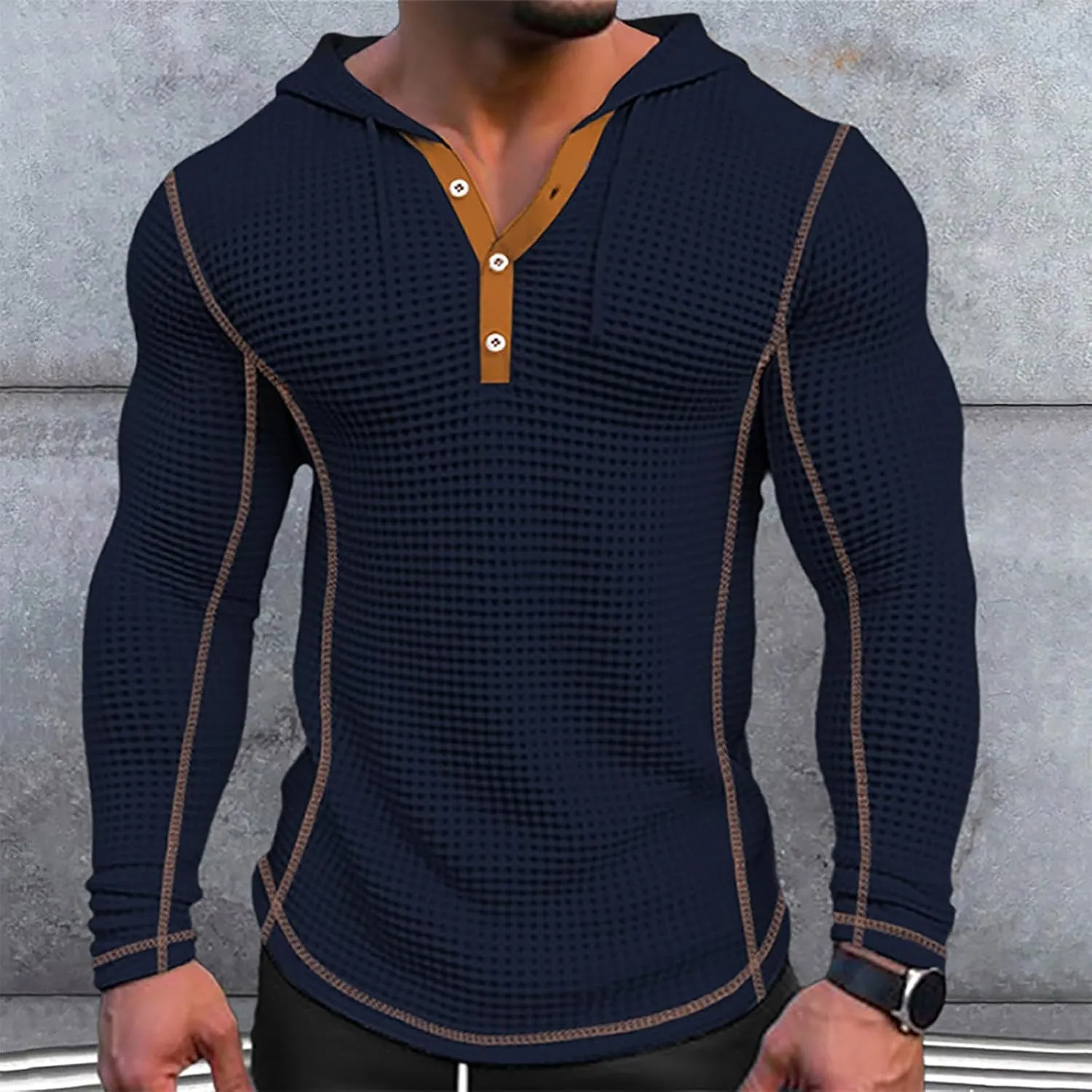 Mens Hoodies Pullover Casual Long Sleeve Drawstring Waffle Knit Hooded Sweatshirt Bodybuilding Muscle Shirt