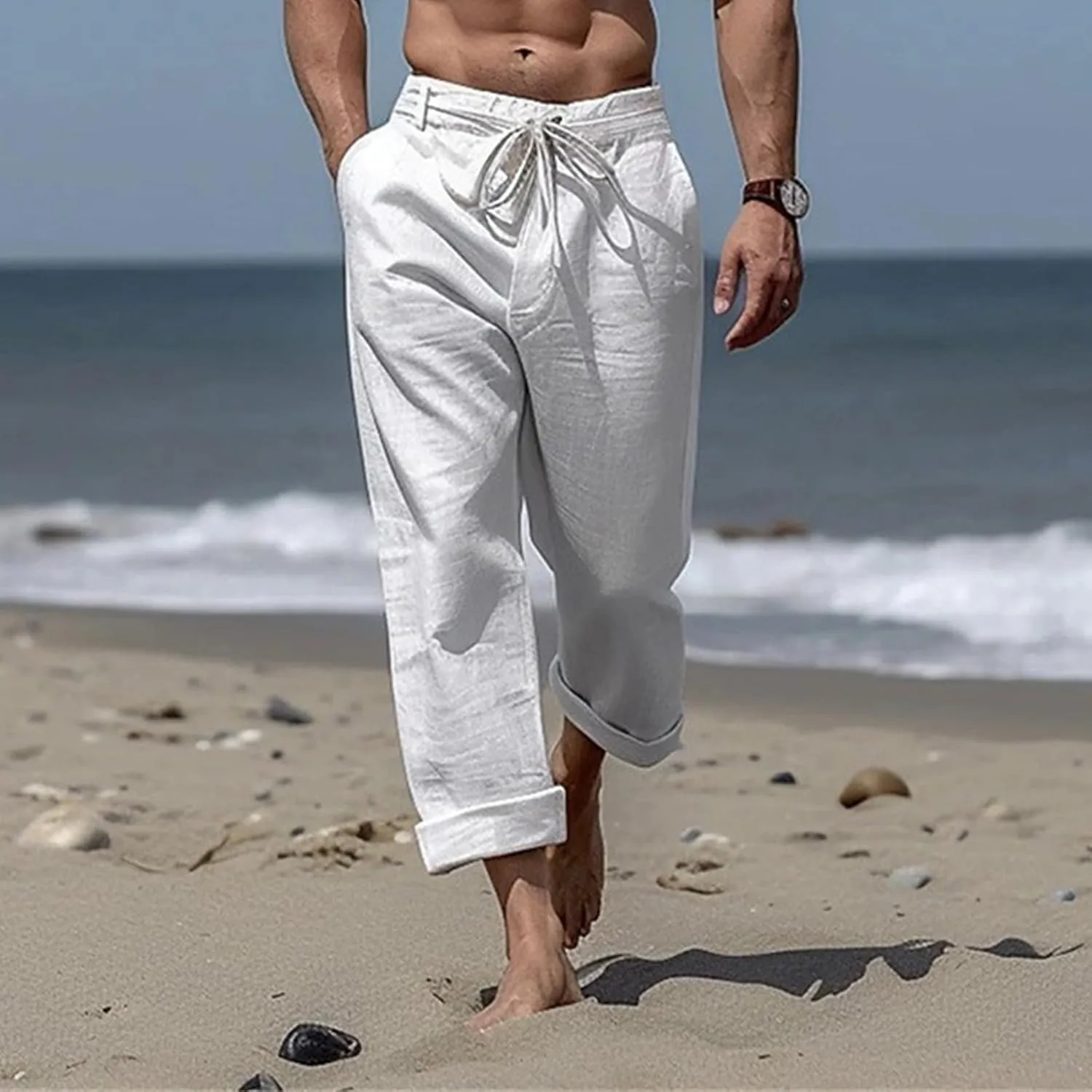 Mens Linen Pants Casual Beach Yoga Pant Elastic Drawstring Waist Straight Leg Baggy Fit Sweatpants Breathable Slacks