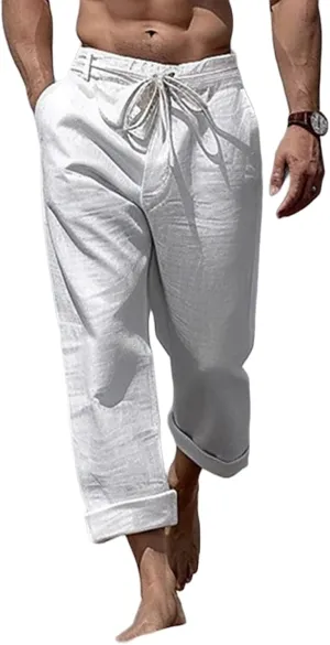 Mens Linen Pants Casual Beach Yoga Pant Elastic Drawstring Waist Straight Leg Baggy Fit Sweatpants Breathable Slacks