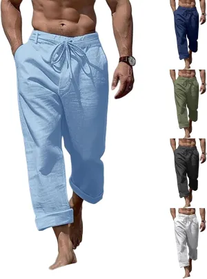 Mens Linen Pants Casual Beach Yoga Pant Elastic Drawstring Waist Straight Leg Baggy Fit Sweatpants Breathable Slacks