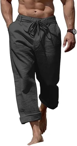 Mens Linen Pants Casual Beach Yoga Pant Elastic Drawstring Waist Straight Leg Baggy Fit Sweatpants Breathable Slacks