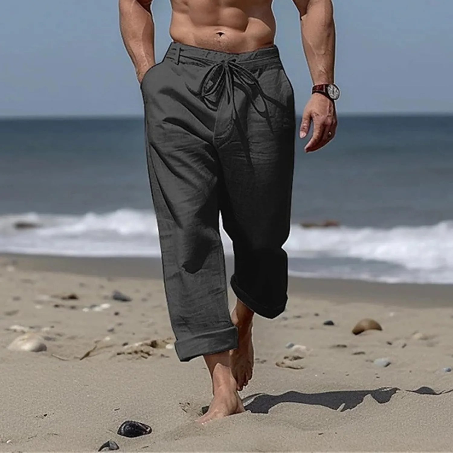 Mens Linen Pants Casual Beach Yoga Pant Elastic Drawstring Waist Straight Leg Baggy Fit Sweatpants Breathable Slacks