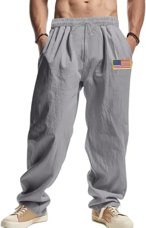 Mens Linen Pants Wide Leg Elastic Waist Casual Hippie Vintage Loose Fit Trousers Yoga Outdoor Sweatpants with Pockets