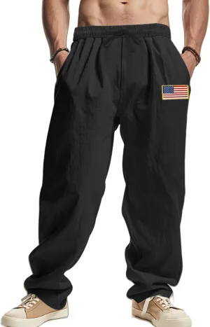 Mens Linen Pants Wide Leg Elastic Waist Casual Hippie Vintage Loose Fit Trousers Yoga Outdoor Sweatpants with Pockets