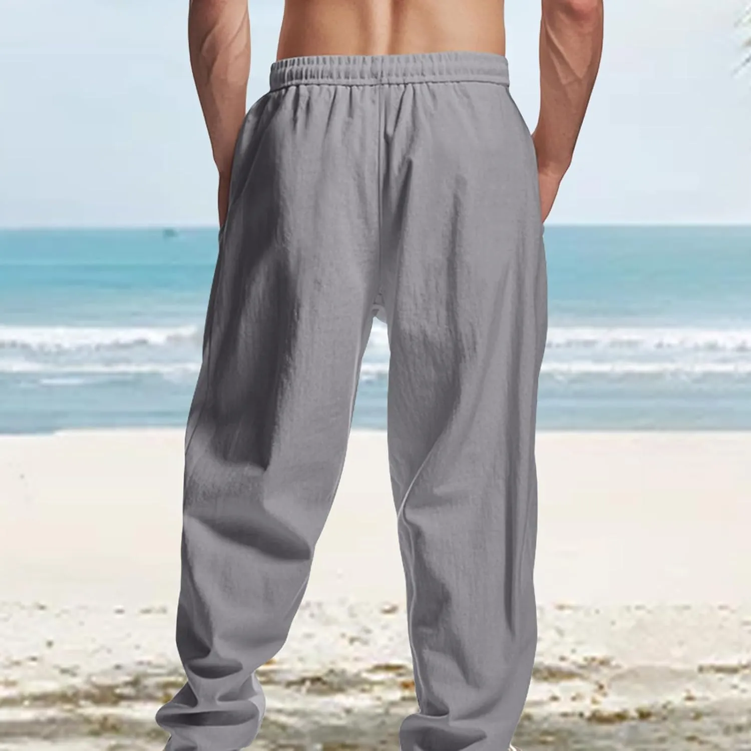 Mens Linen Pants Wide Leg Elastic Waist Casual Hippie Vintage Loose Fit Trousers Yoga Outdoor Sweatpants with Pockets