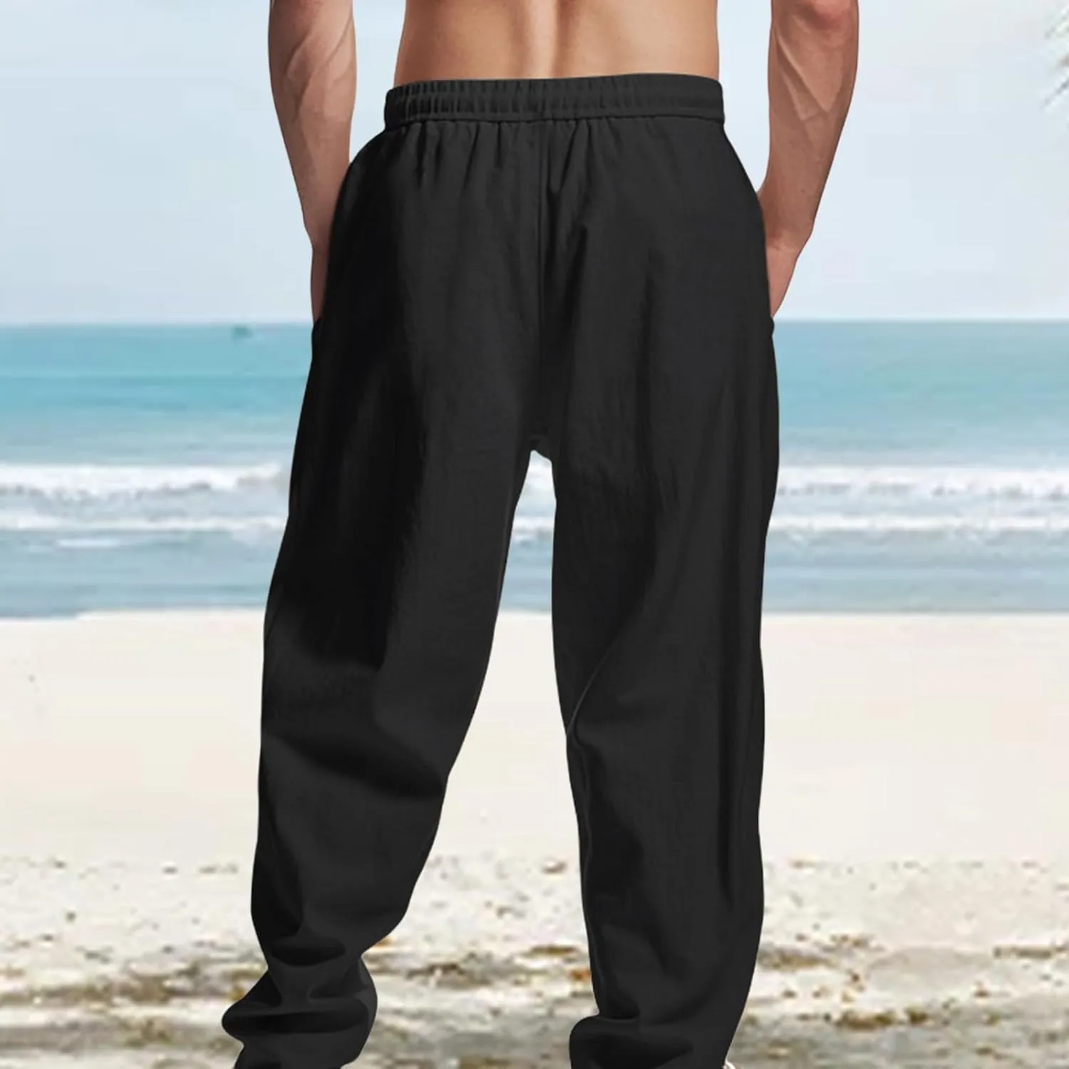 Mens Linen Pants Wide Leg Elastic Waist Casual Hippie Vintage Loose Fit Trousers Yoga Outdoor Sweatpants with Pockets