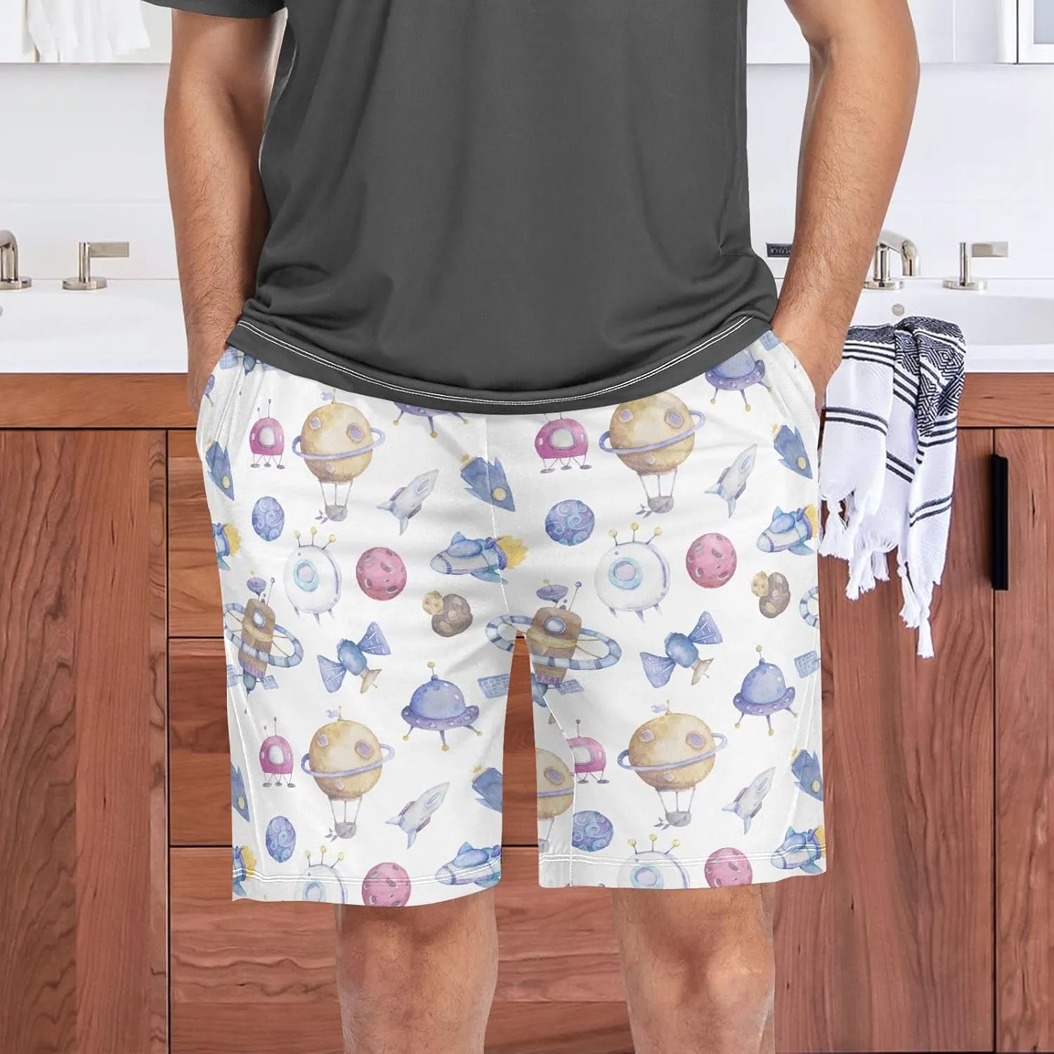 Men's Pajama Shorts Cartoon Snowman Sleep Shorts for Men Pajama Bottom Pants with Drawstring & Pockets S