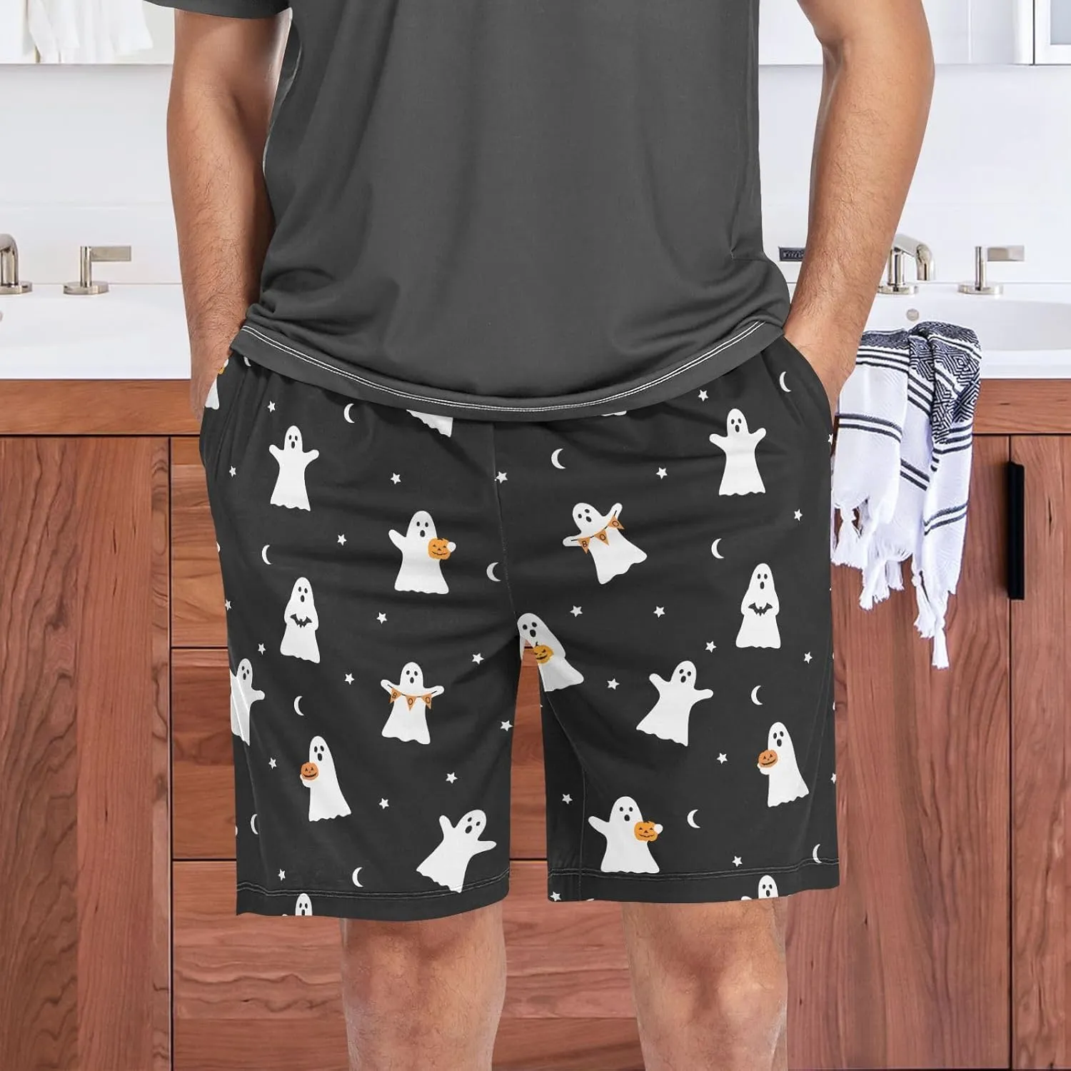 Men's Pajama Shorts Cartoon Snowman Sleep Shorts for Men Pajama Bottom Pants with Drawstring & Pockets S