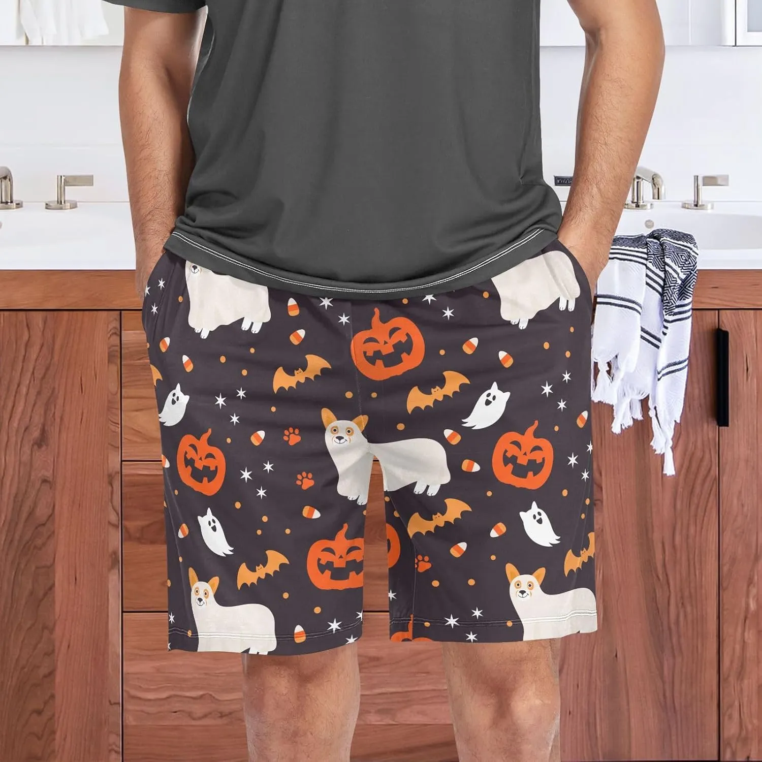 Men's Pajama Shorts Cartoon Snowman Sleep Shorts for Men Pajama Bottom Pants with Drawstring & Pockets S