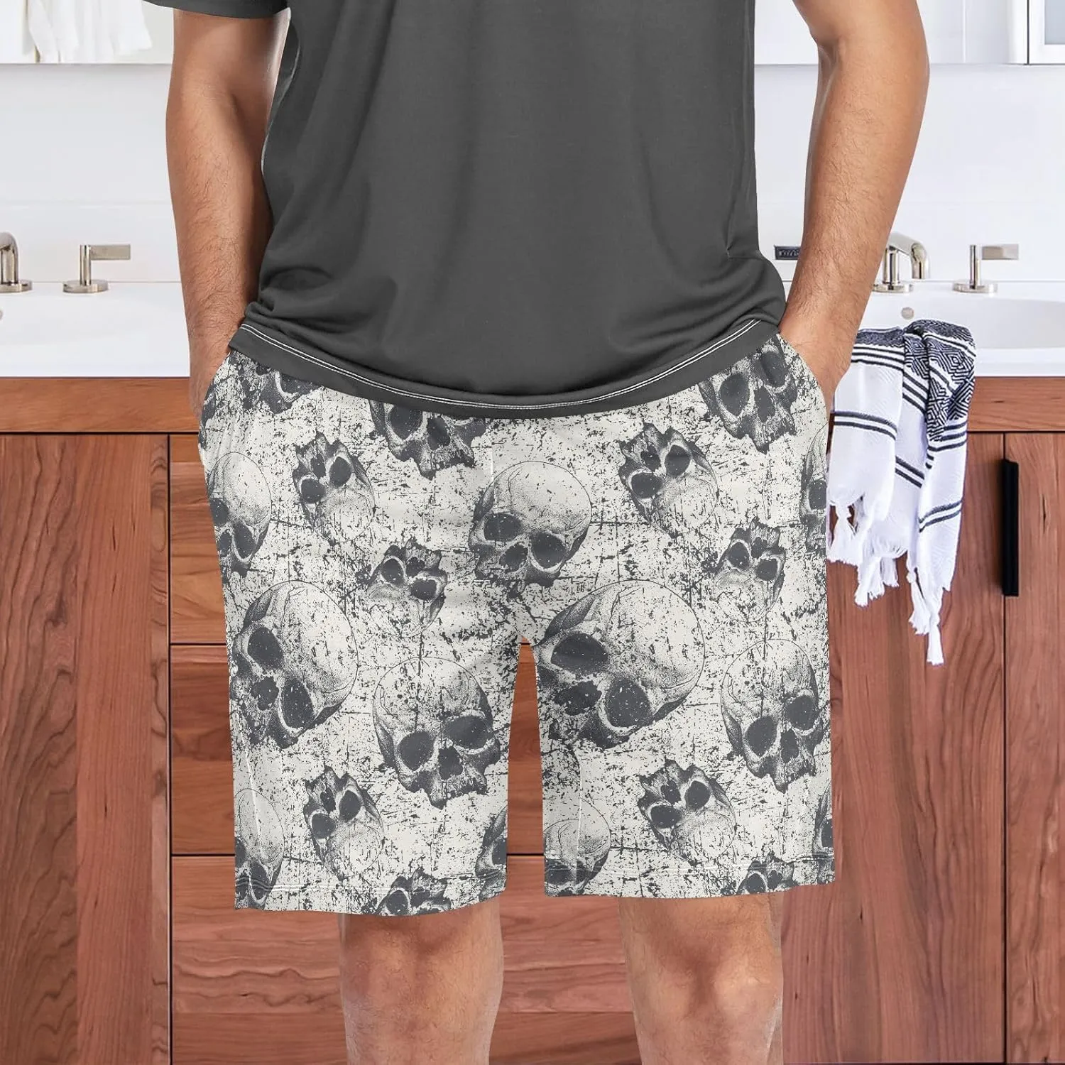 Men's Pajama Shorts Skull Sleep Shorts Soft Comfy Lounge Pjs Bottoms Pajama Pants with Pockets