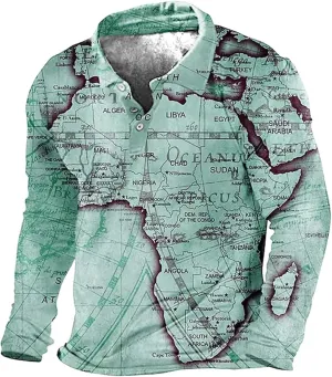 Mens Polo Shirts Casual Long Sleeve Collared World Map Pattern Print T-Shirt Workout Slim Fit Basic Designed Cotton Golf Tops