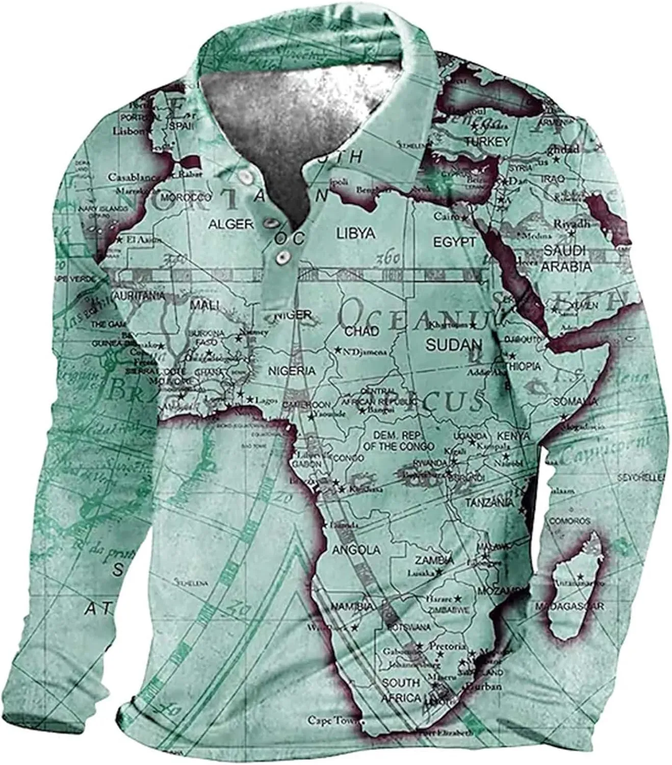 Mens Polo Shirts Casual Long Sleeve Collared World Map Pattern Print T-Shirt Workout Slim Fit Basic Designed Cotton Golf Tops
