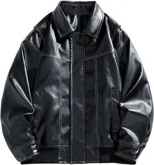Mens PU Leather Jacket Vintage Oversized Racing Motorcycle Jacket Casual Zip-Up Varsity Jacket with Pocket Streetwear
