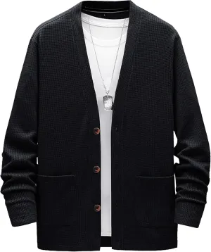 Men's Relaxed Fit Shawl Collar Sweater Button Down Open Front Sweater Cardigan Knit Sweaters with Pockets