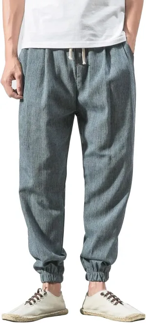 Men's Summer Pants Solid Color Elastic Waist Drawstring Pocket Slim Leg Casual Athletic Elasticity Fresh Trousers