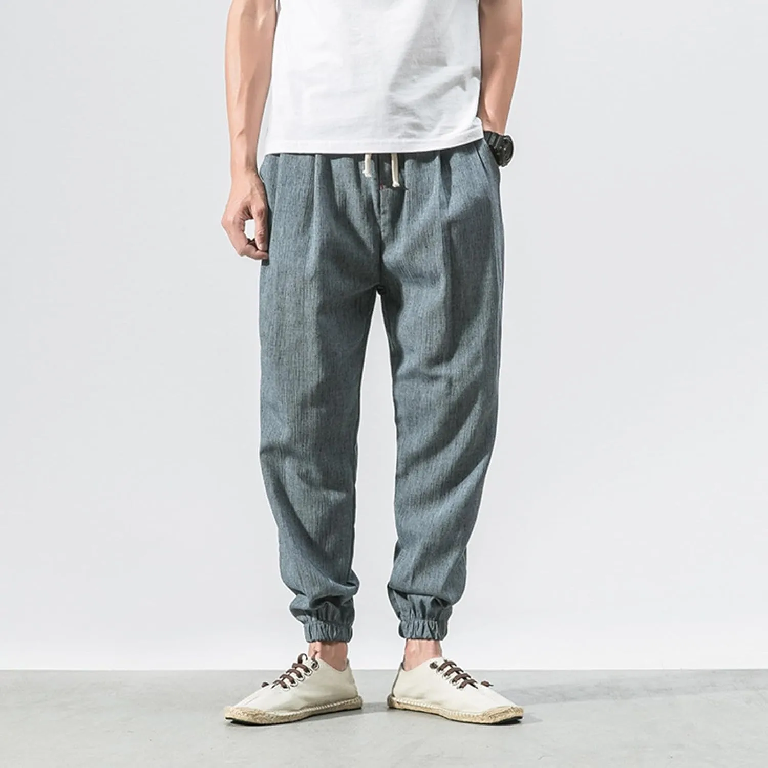 Men's Summer Pants Solid Color Elastic Waist Drawstring Pocket Slim Leg Casual Athletic Elasticity Fresh Trousers
