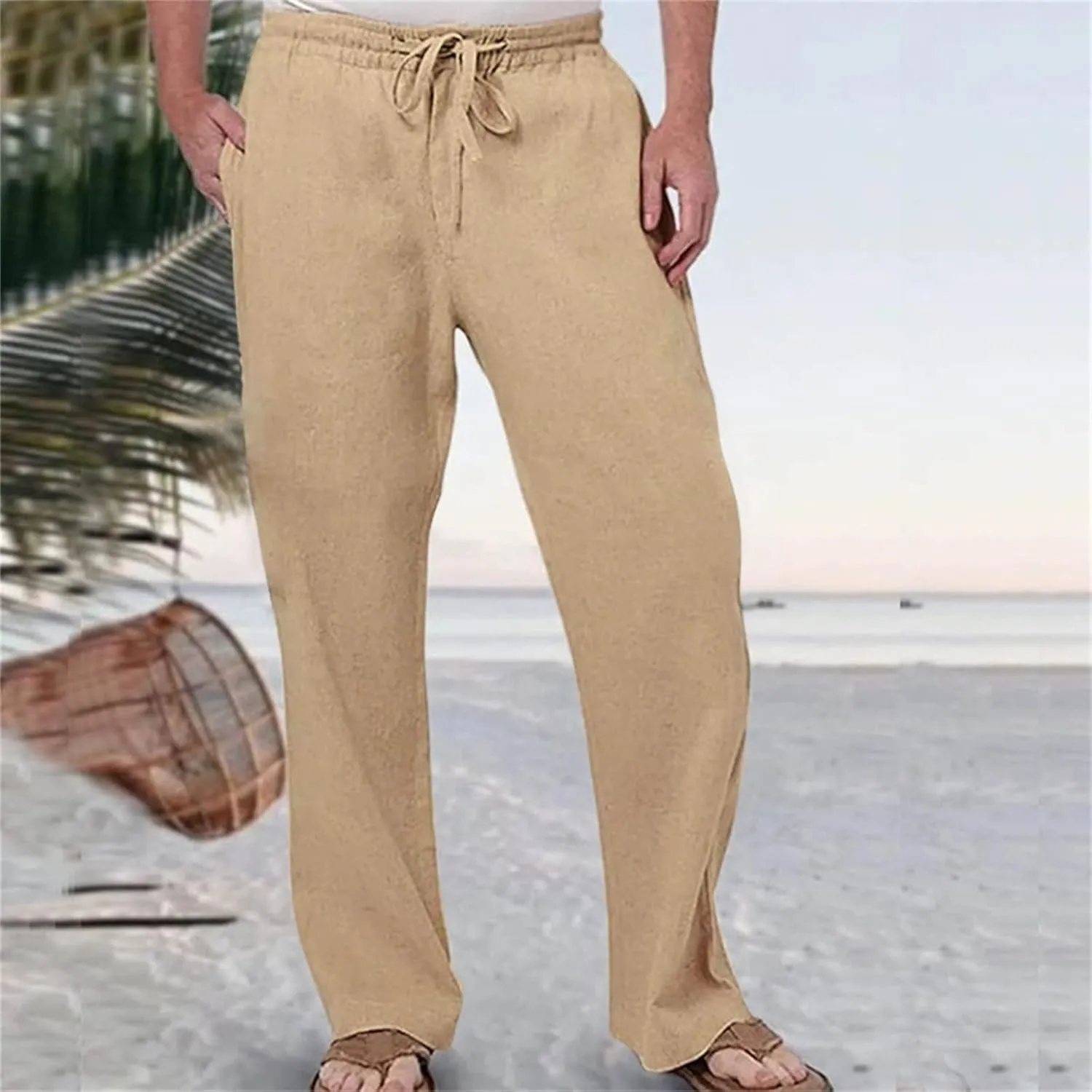 Men's Summer Pants Solid Color Elastic Waist Drawstring Pocket Wide Leg Fashion Athletic Elasticity Cute Trousers