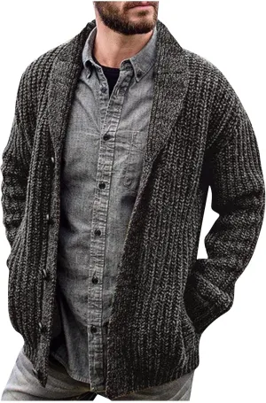 Mens Sweater Cardigan Casual Long Sleeve Shawl Collar Buttons Down Cable Knit Cardigan Sweater, XXL-5XL