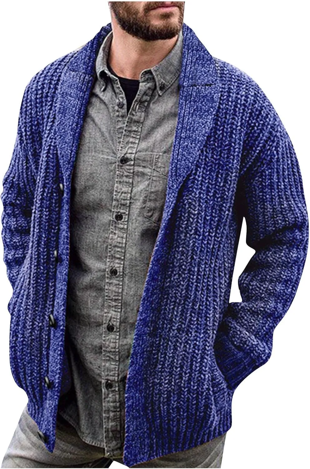 Mens Sweater Cardigan Casual Long Sleeve Shawl Collar Buttons Down Cable Knit Cardigan Sweater, XXL-5XL