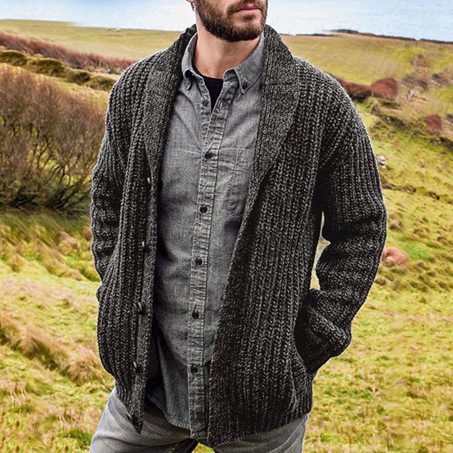 Mens Sweater Cardigan Casual Long Sleeve Shawl Collar Buttons Down Cable Knit Cardigan Sweater, XXL-5XL
