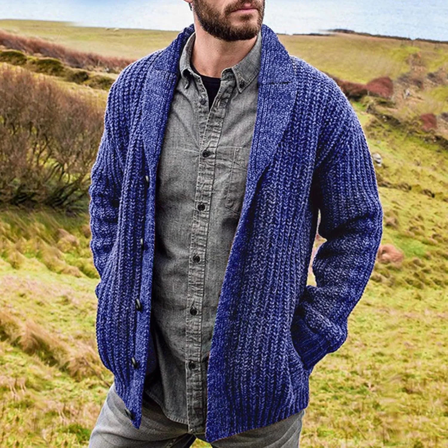 Mens Sweater Cardigan Casual Long Sleeve Shawl Collar Buttons Down Cable Knit Cardigan Sweater, XXL-5XL