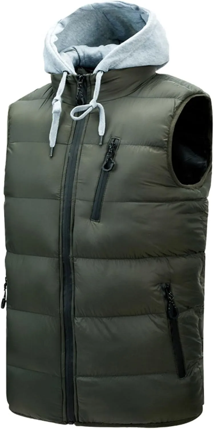 Men's Thicken Winter Warm Vest Sleeveless Padded Puffer Jacket Lightweight Windproof Hooded Vest with Removable Hood