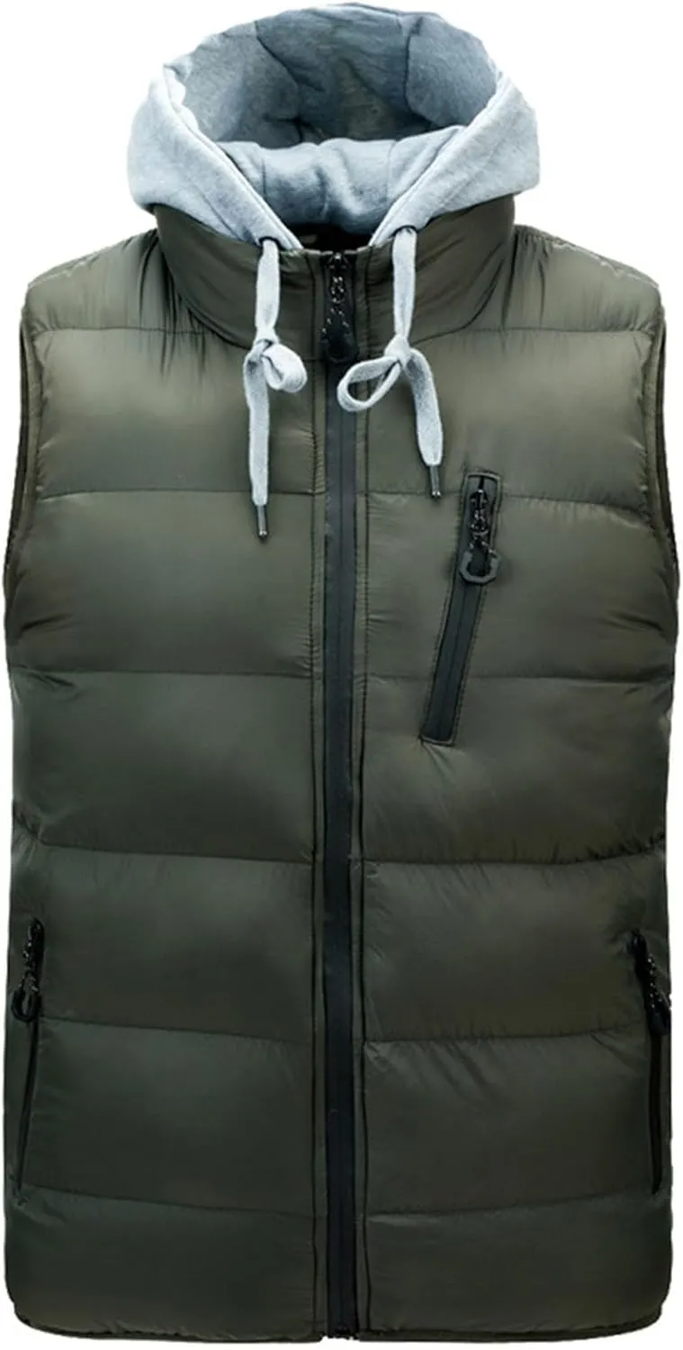 Men's Thicken Winter Warm Vest Sleeveless Padded Puffer Jacket Lightweight Windproof Hooded Vest with Removable Hood