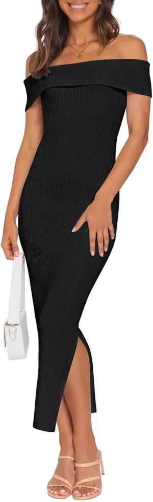 MEROKEETY Women's 2025 Off Shoulder Bodycon Midi Dress Summer Spring Formal Elegant Knit Sweater Dresses