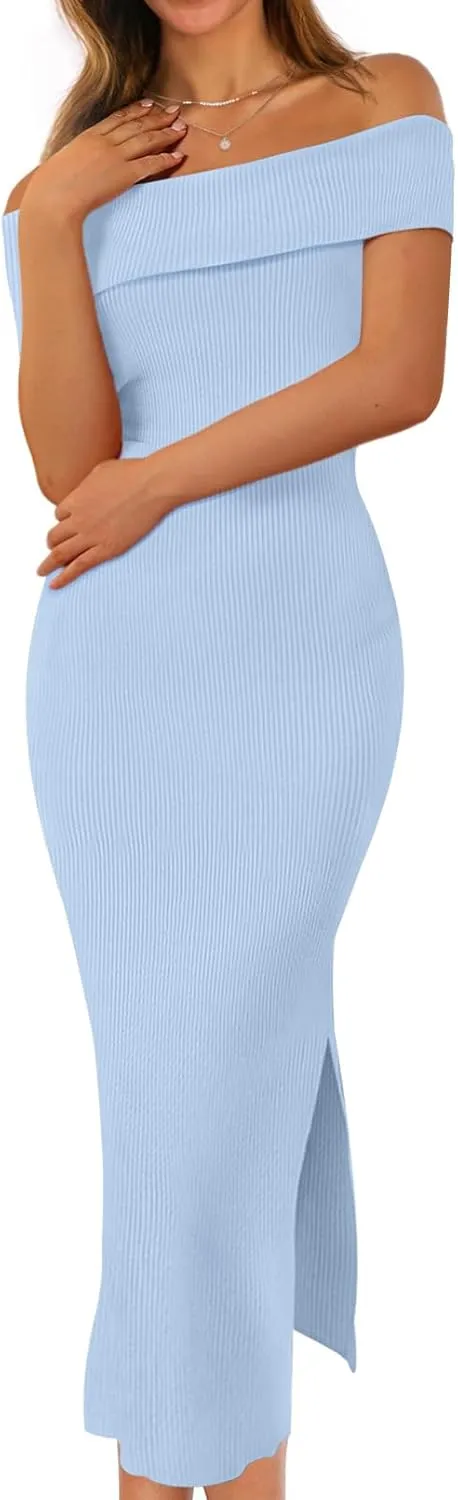 MEROKEETY Women's 2025 Off Shoulder Bodycon Midi Dress Summer Spring Formal Elegant Knit Sweater Dresses