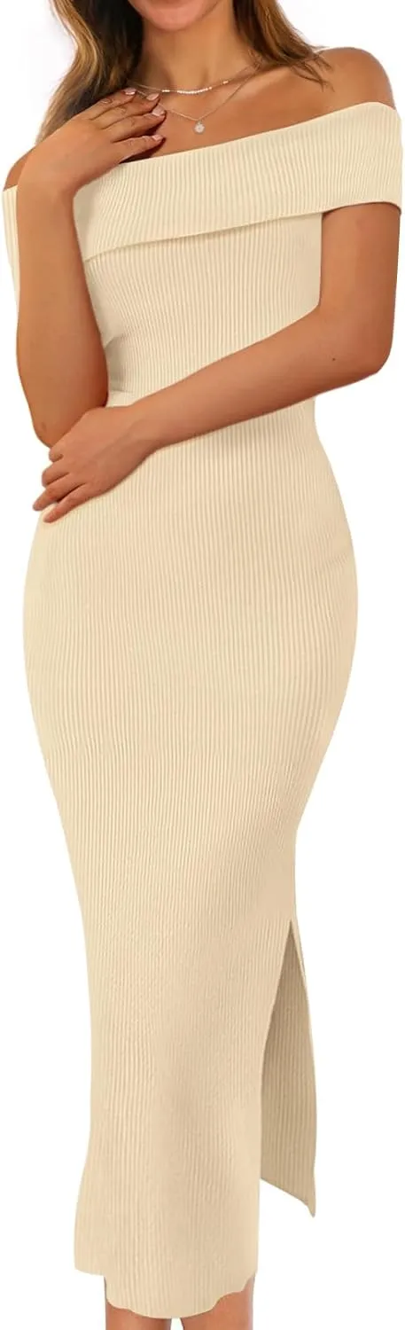 MEROKEETY Women's 2025 Off Shoulder Bodycon Midi Dress Summer Spring Formal Elegant Knit Sweater Dresses