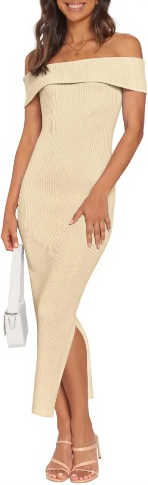MEROKEETY Women's 2025 Off Shoulder Bodycon Midi Dress Summer Spring Formal Elegant Knit Sweater Dresses