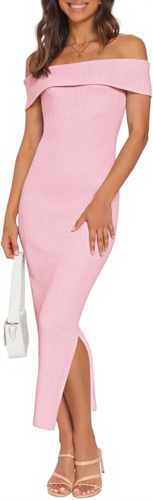 MEROKEETY Women's 2025 Off Shoulder Bodycon Midi Dress Summer Spring Formal Elegant Knit Sweater Dresses