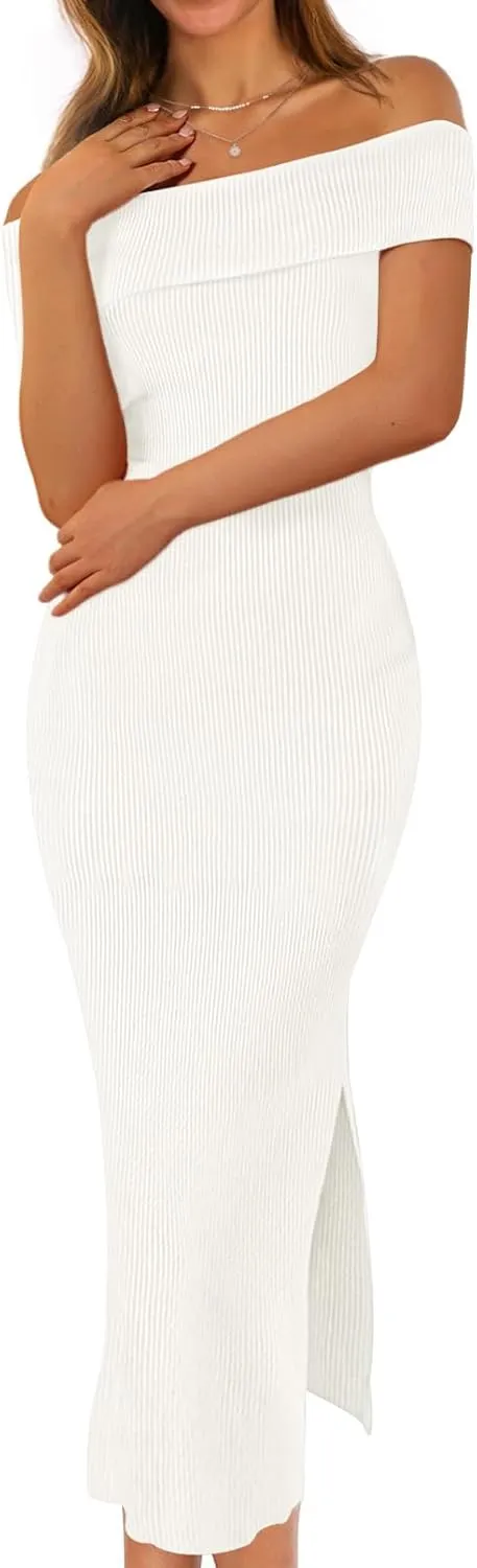 MEROKEETY Women's 2025 Off Shoulder Bodycon Midi Dress Summer Spring Formal Elegant Knit Sweater Dresses