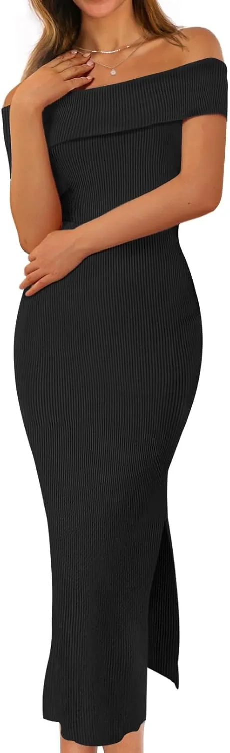 MEROKEETY Women's 2025 Off Shoulder Bodycon Midi Dress Summer Spring Formal Elegant Knit Sweater Dresses